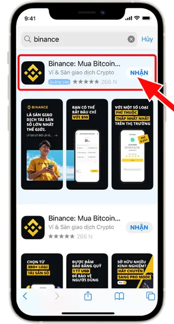Bước 2: Tìm kiếm "Binance" → ấn "Nhận" để tải Binance về điện thoại.